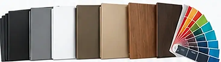Black, grey, white, bronze, champagne, wood grain and custom colour finishes
