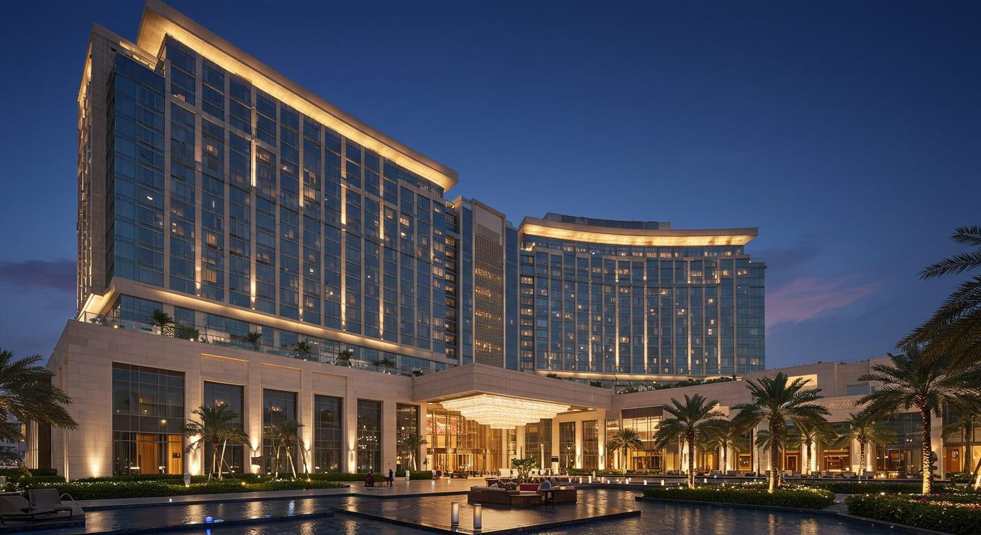 Hotel and commercial buildings with an illuminated entrance at dusk