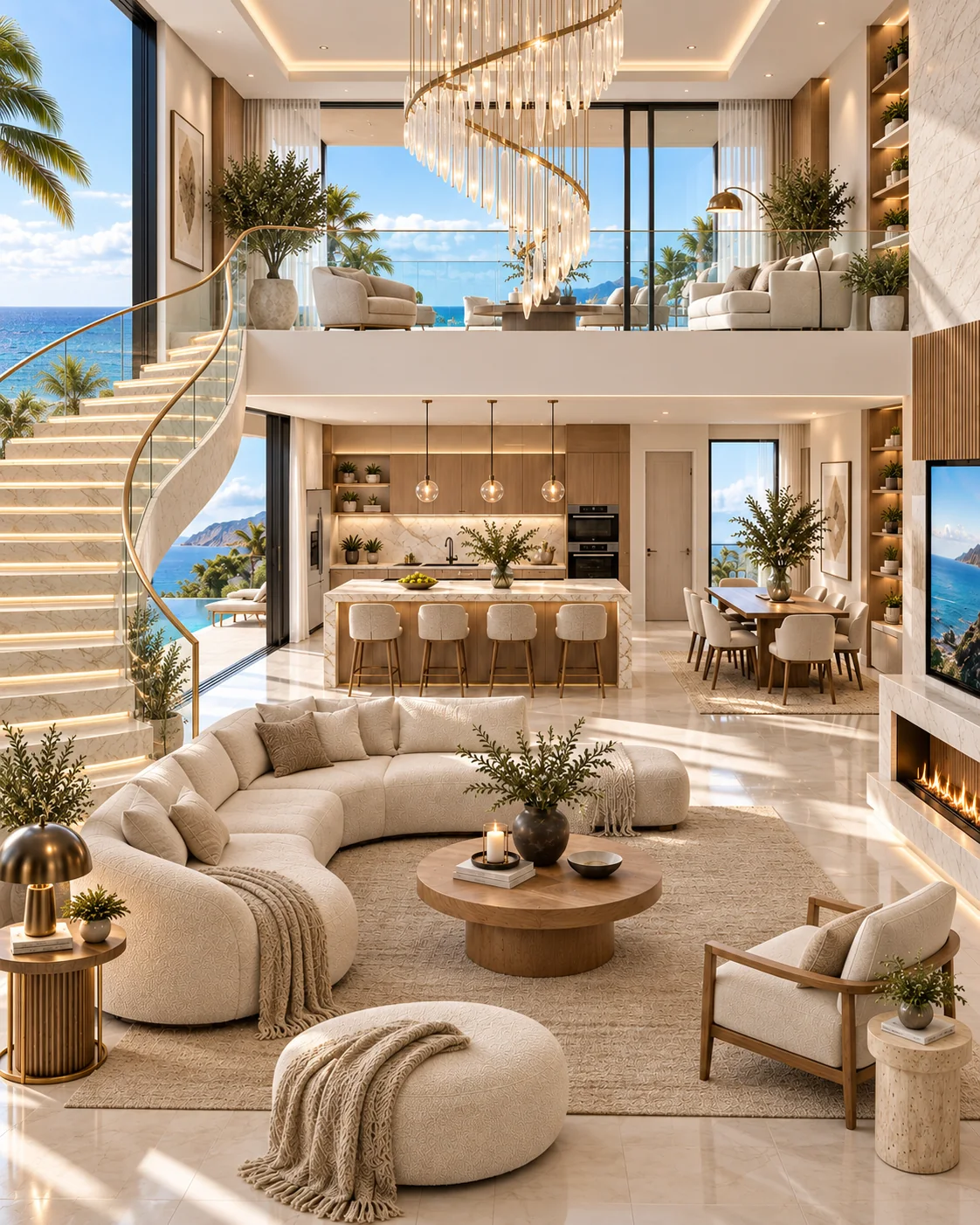 Coordinated villa interior with a staircase, kitchen and living spaces